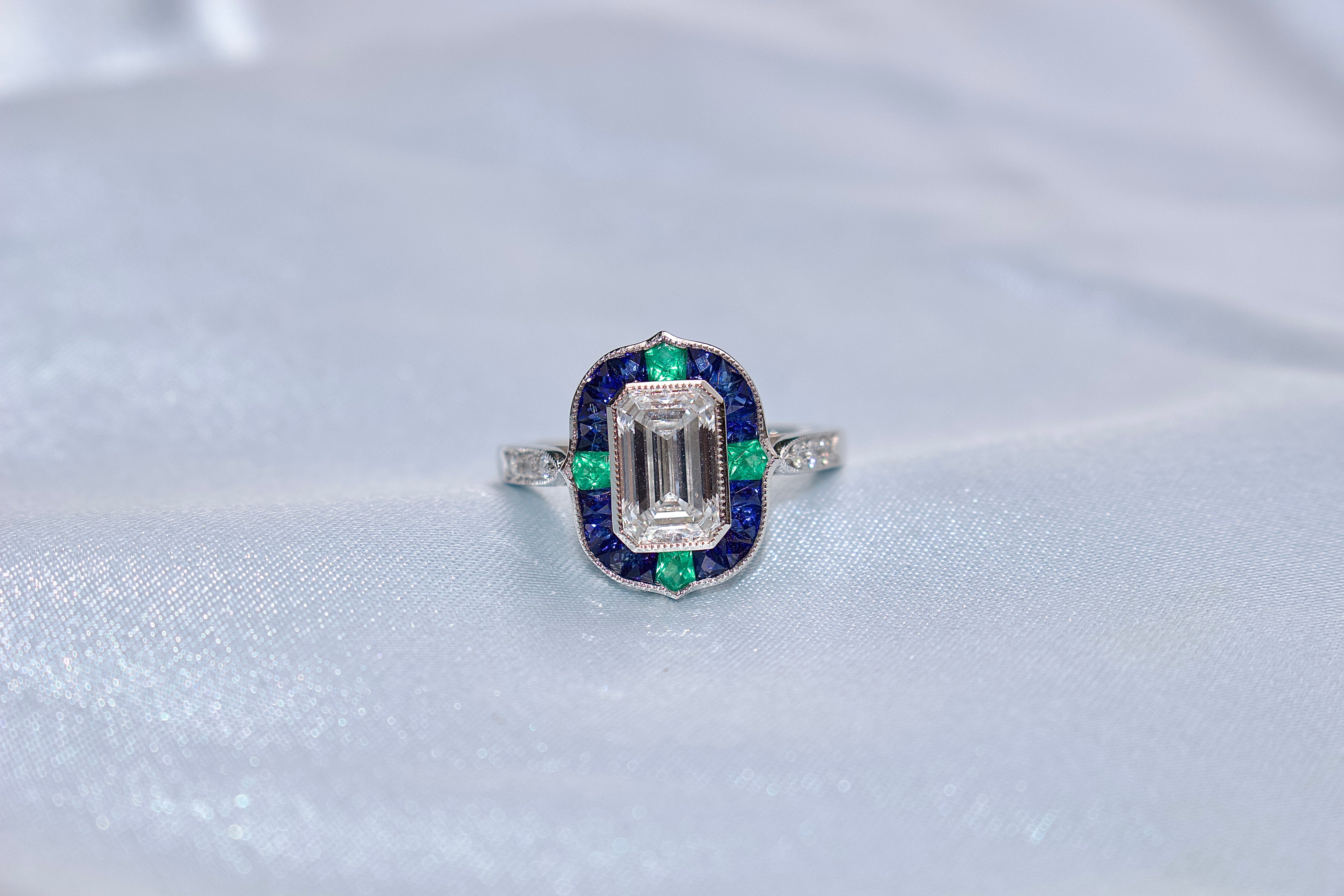 Platinum Lab Grown Emerald Cut Diamond and Sapphire and Emerald Art Deco Style Halo Ring