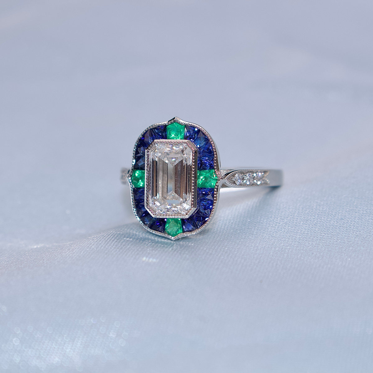 Platinum Lab Grown Emerald Cut Diamond and Sapphire and Emerald Art Deco Style Halo Ring
