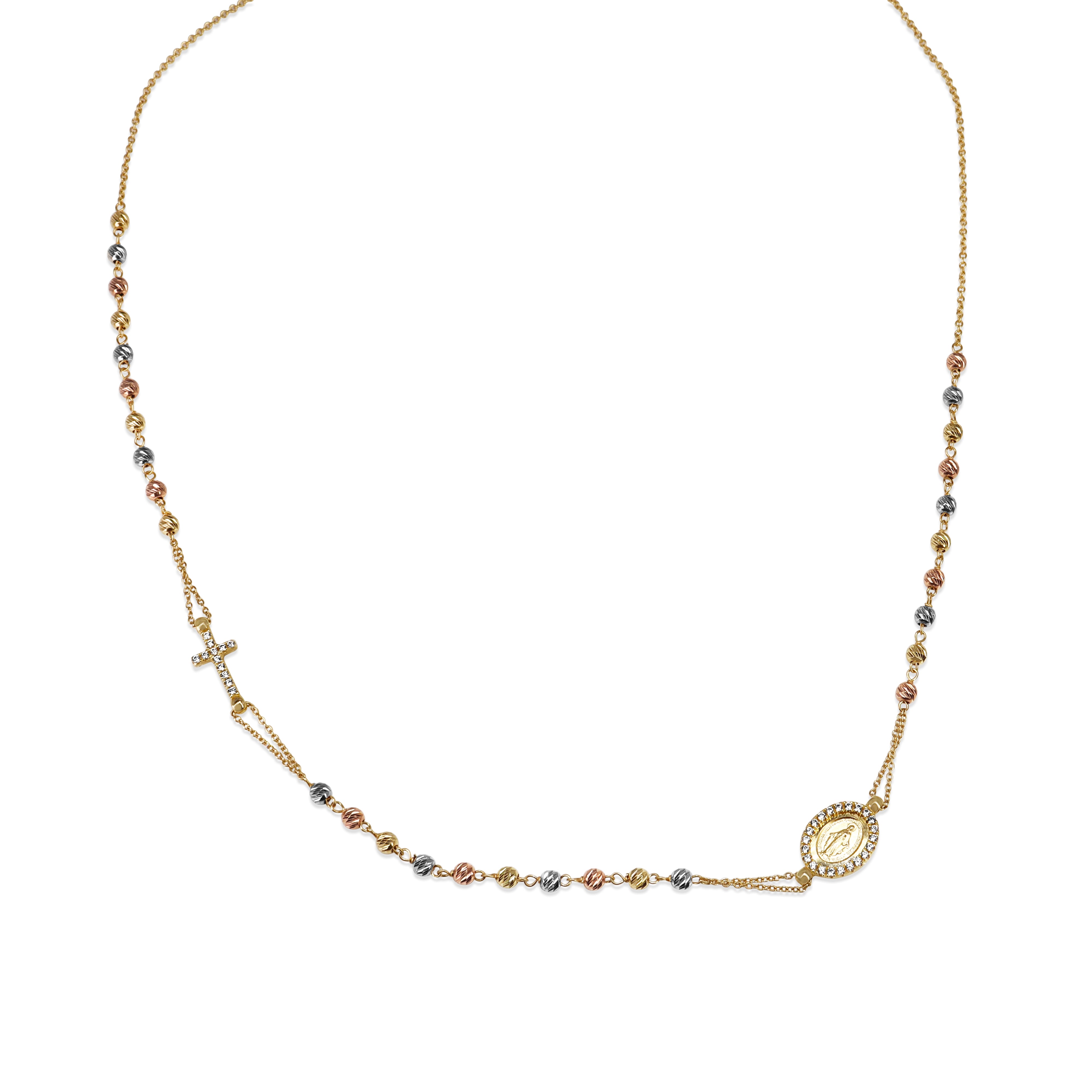 18ct Yellow, Rose and White Rosary Bead Necklace With Sapphires and Diamonds