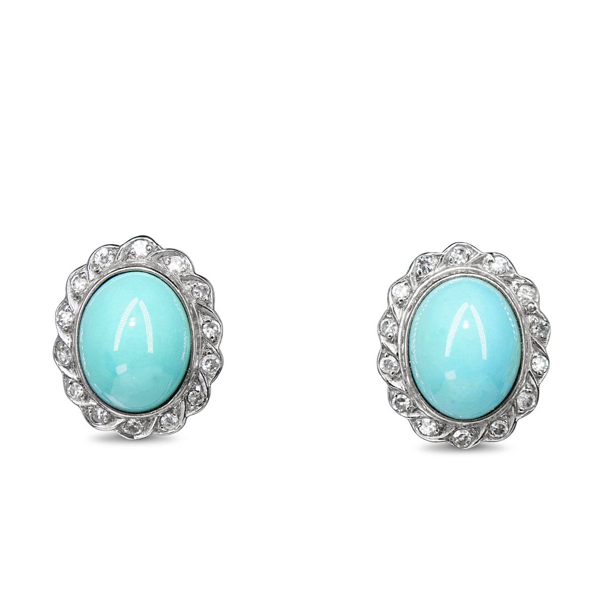 Palladium Vintage Turquoise and Single Cut Diamond Halo Earrings