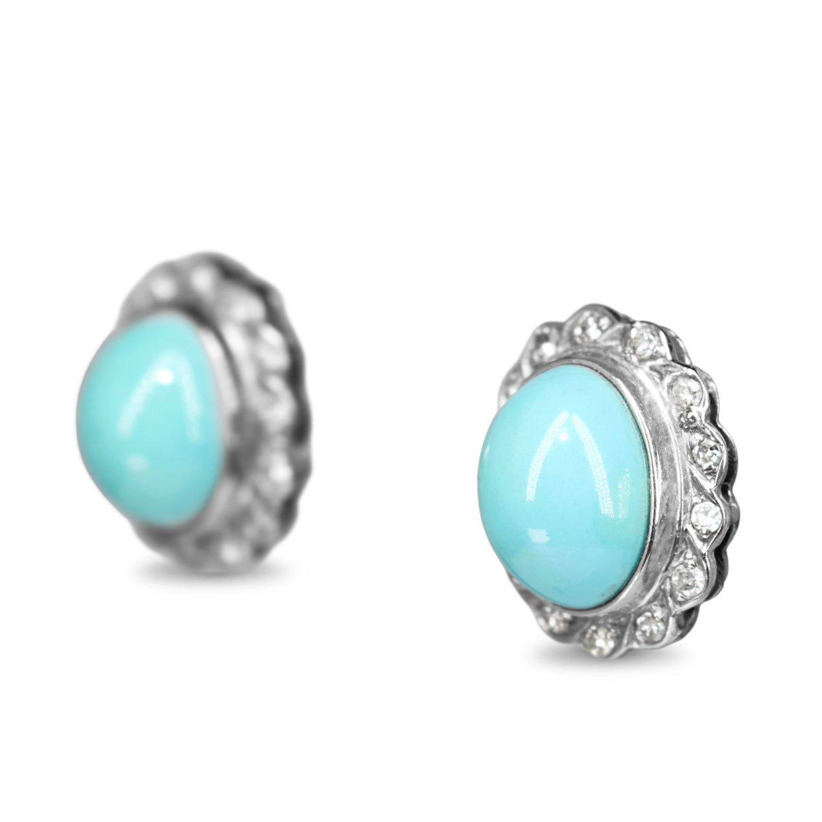 Palladium Vintage Turquoise and Single Cut Diamond Halo Earrings
