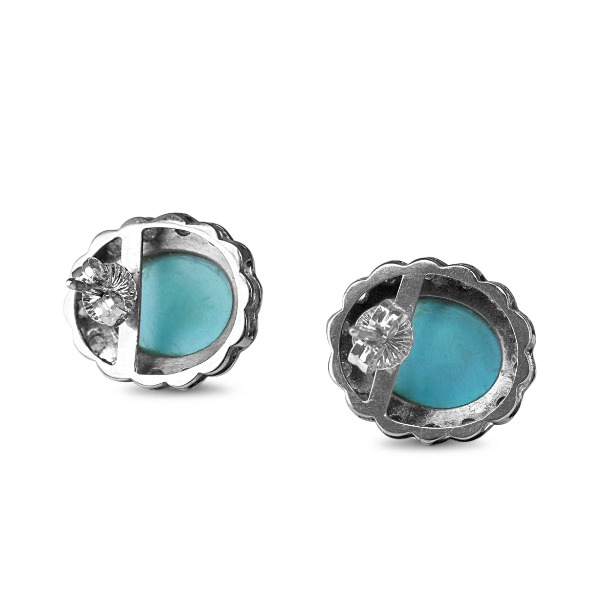 Palladium Vintage Turquoise and Single Cut Diamond Halo Earrings