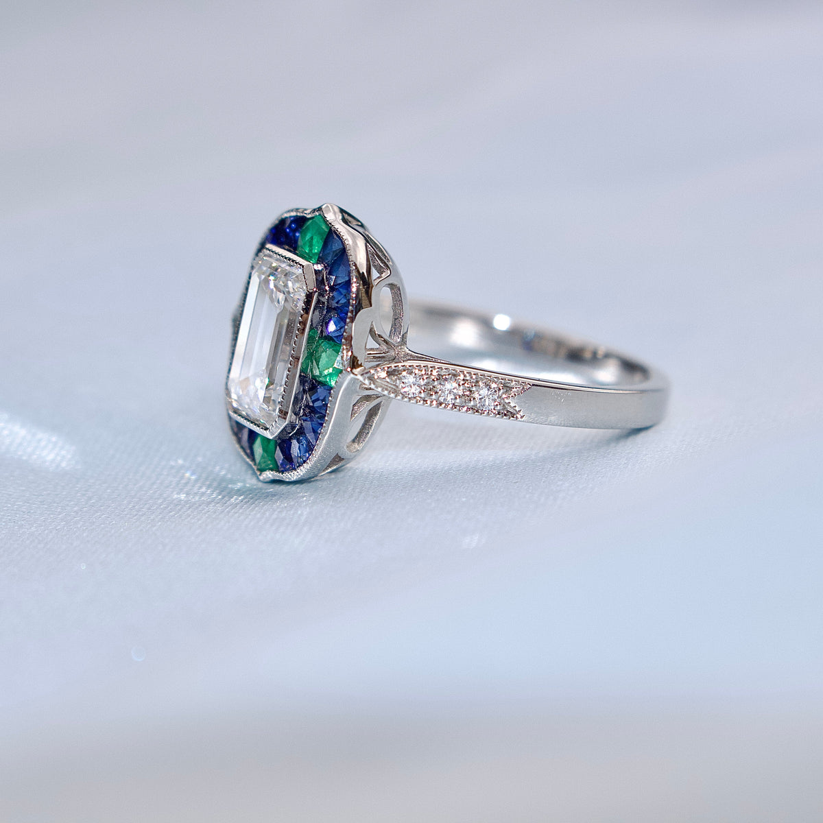 Platinum Lab Grown Emerald Cut Diamond and Sapphire and Emerald Art Deco Style Halo Ring