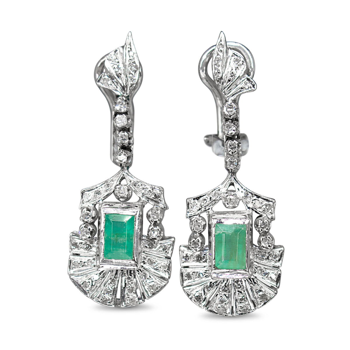 Palladium Art Deco Emerald and Single Cut Diamond Drop Earrings