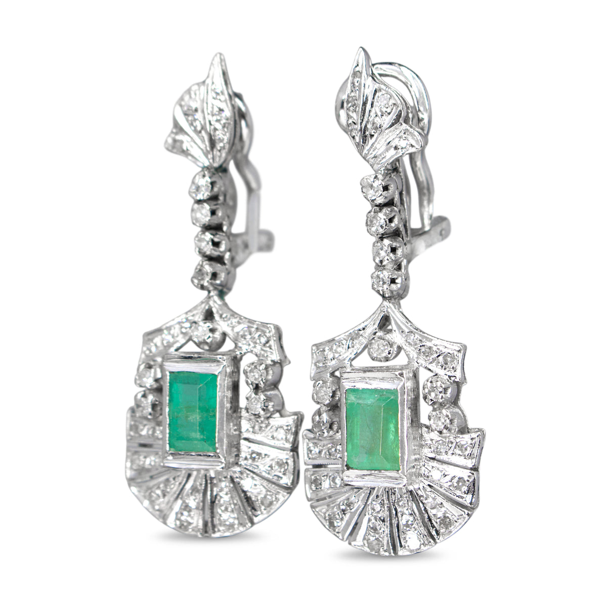 Palladium Art Deco Emerald and Single Cut Diamond Drop Earrings