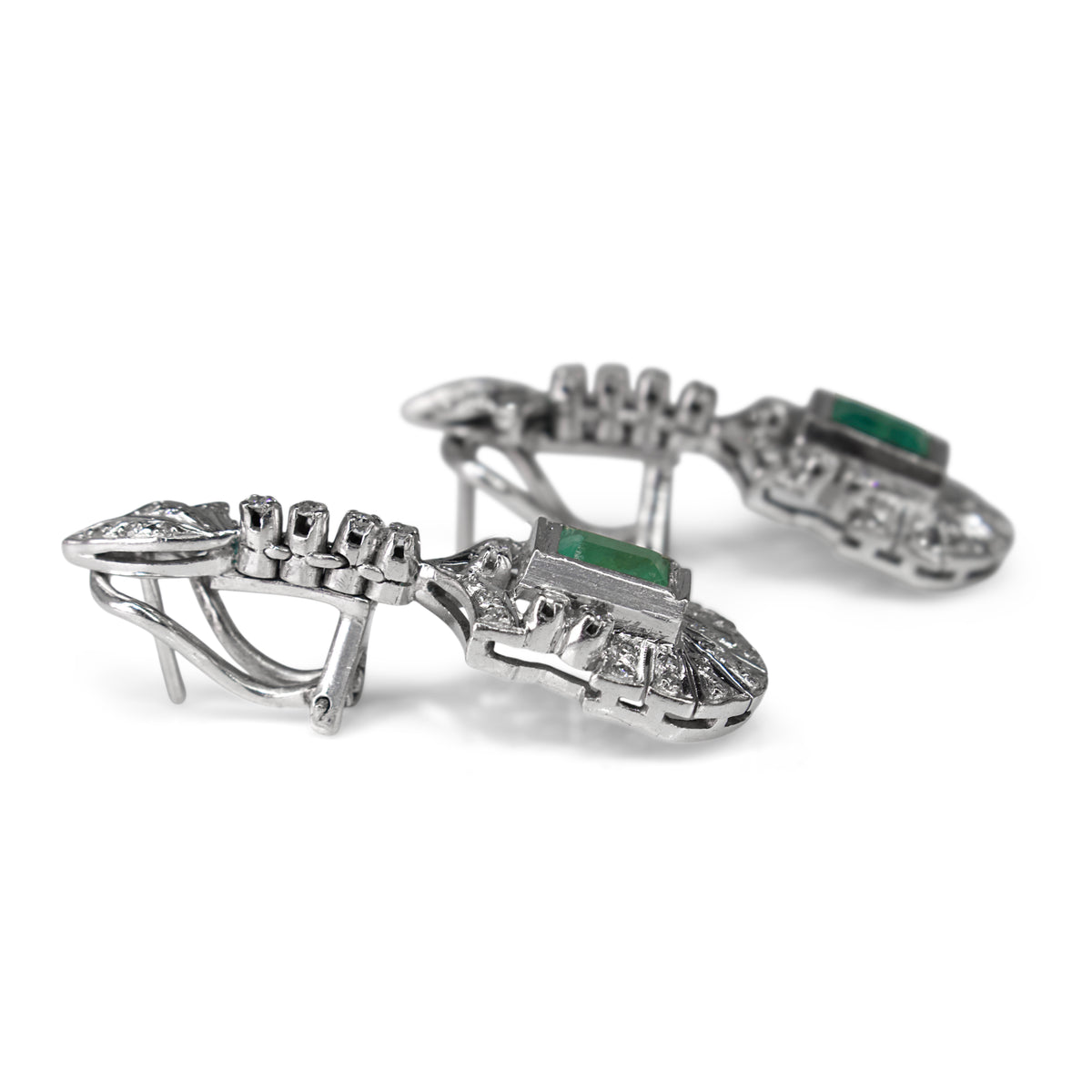 Palladium Art Deco Emerald and Single Cut Diamond Drop Earrings