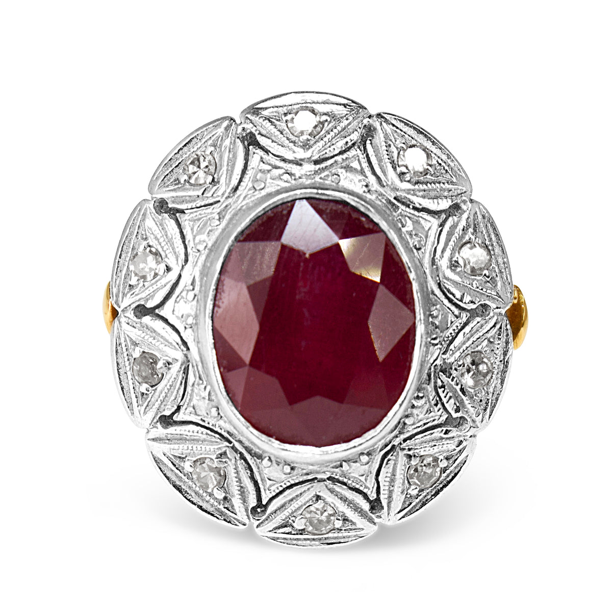 18ct Rose and White Gold Ruby and Single Cut Diamond Vintage Halo Ring