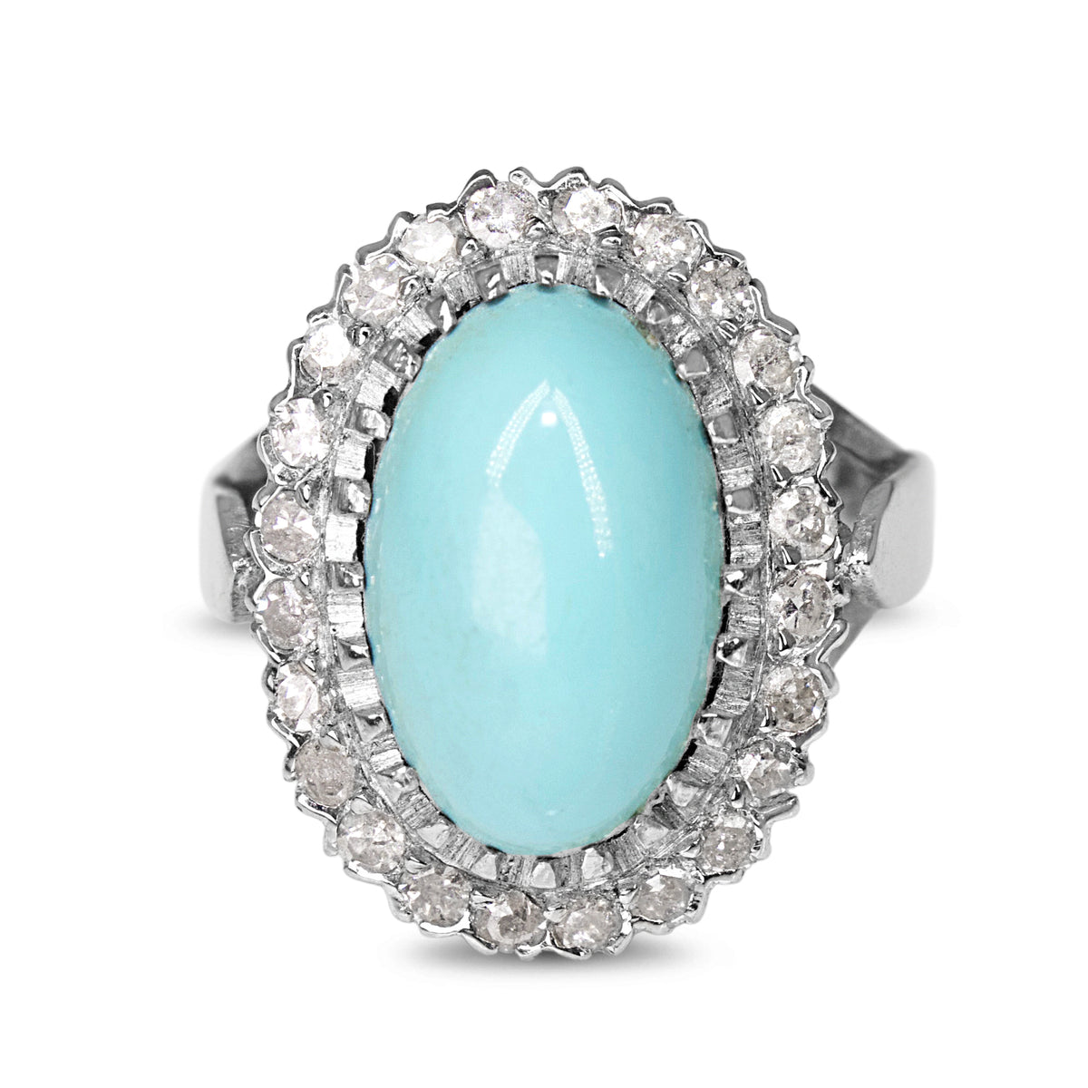 Palladium Turquoise and Single Cut Diamond Vintage Halo Ring