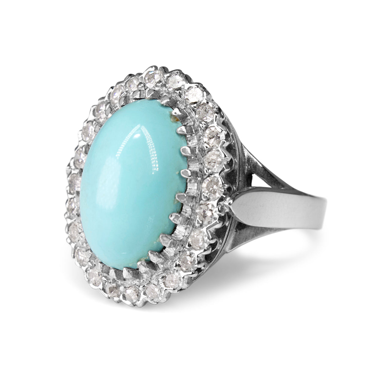 Palladium Turquoise and Single Cut Diamond Vintage Halo Ring