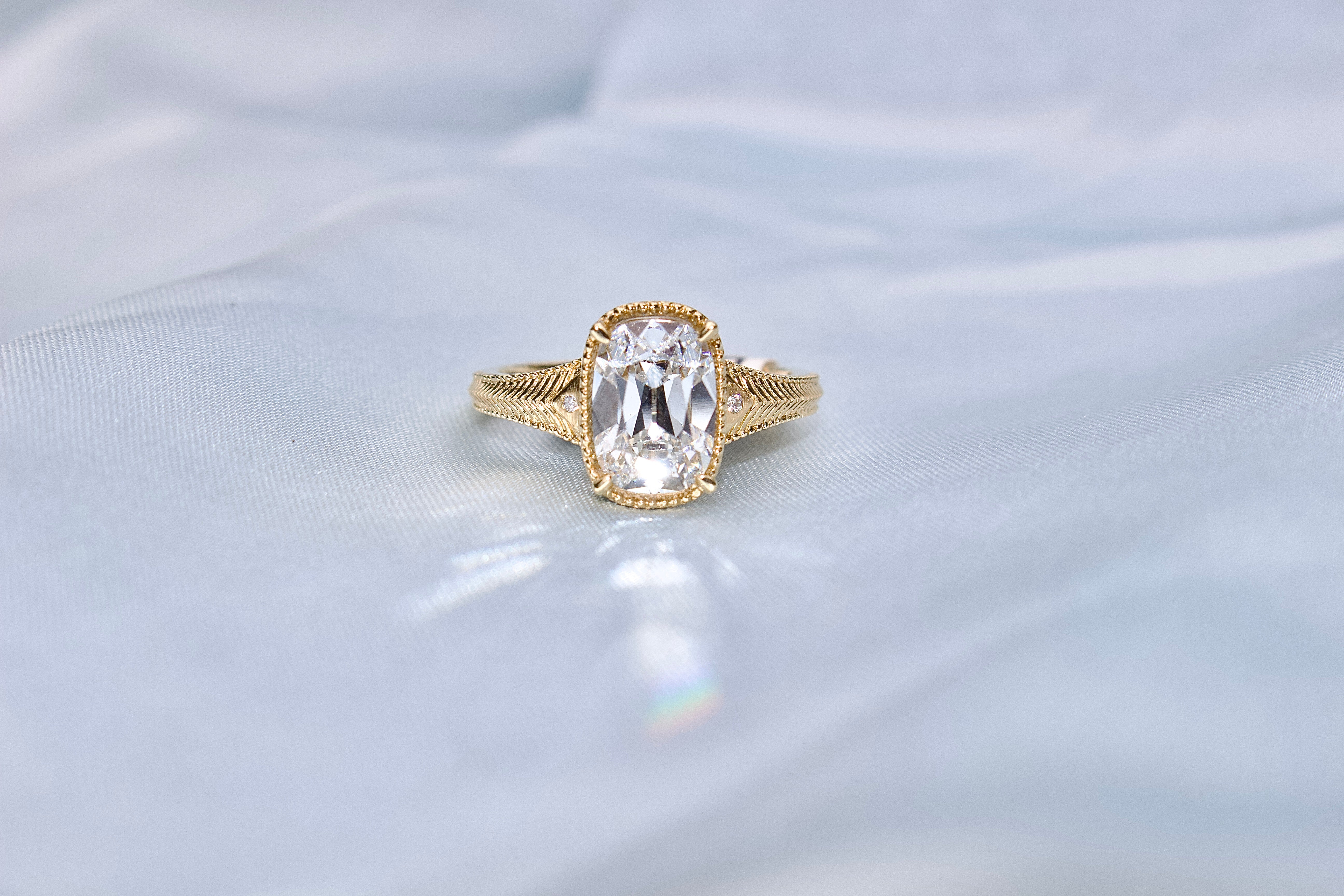 18ct Yellow Gold Lab Grown Old Mine Cushion Cut Diamond Ring