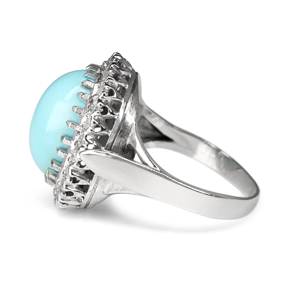Palladium Turquoise and Single Cut Diamond Vintage Halo Ring