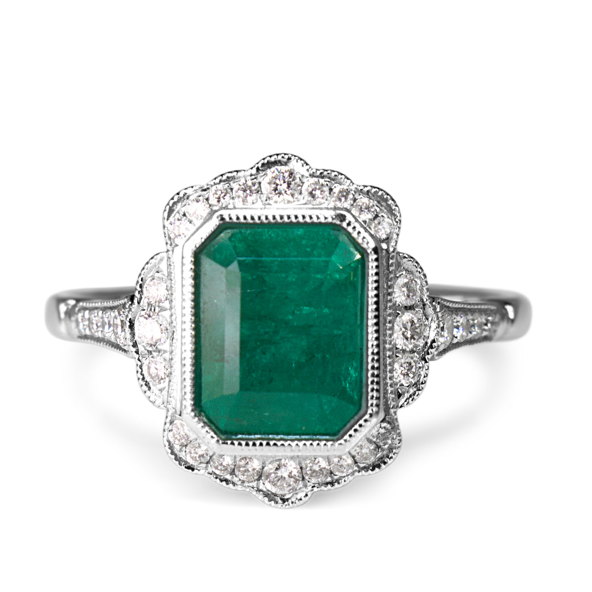 18ct White Gold Emerald and Diamond Vintage Style Halo Ring