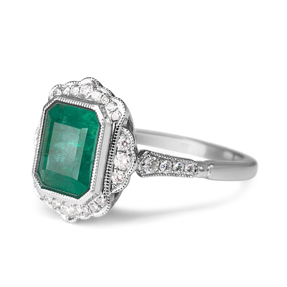 18ct White Gold Emerald and Diamond Vintage Style Halo Ring