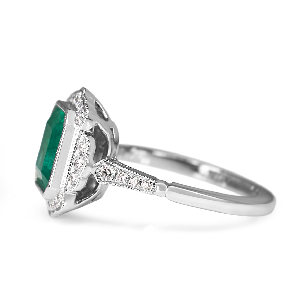 18ct White Gold Emerald and Diamond Vintage Style Halo Ring