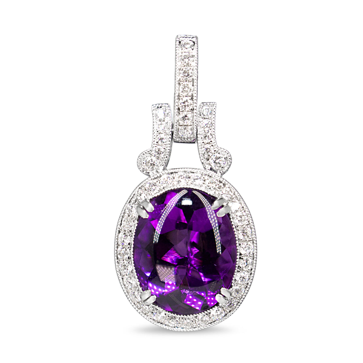 18ct White Gold Cabochon Amethyst and Diamond Halo Pendant