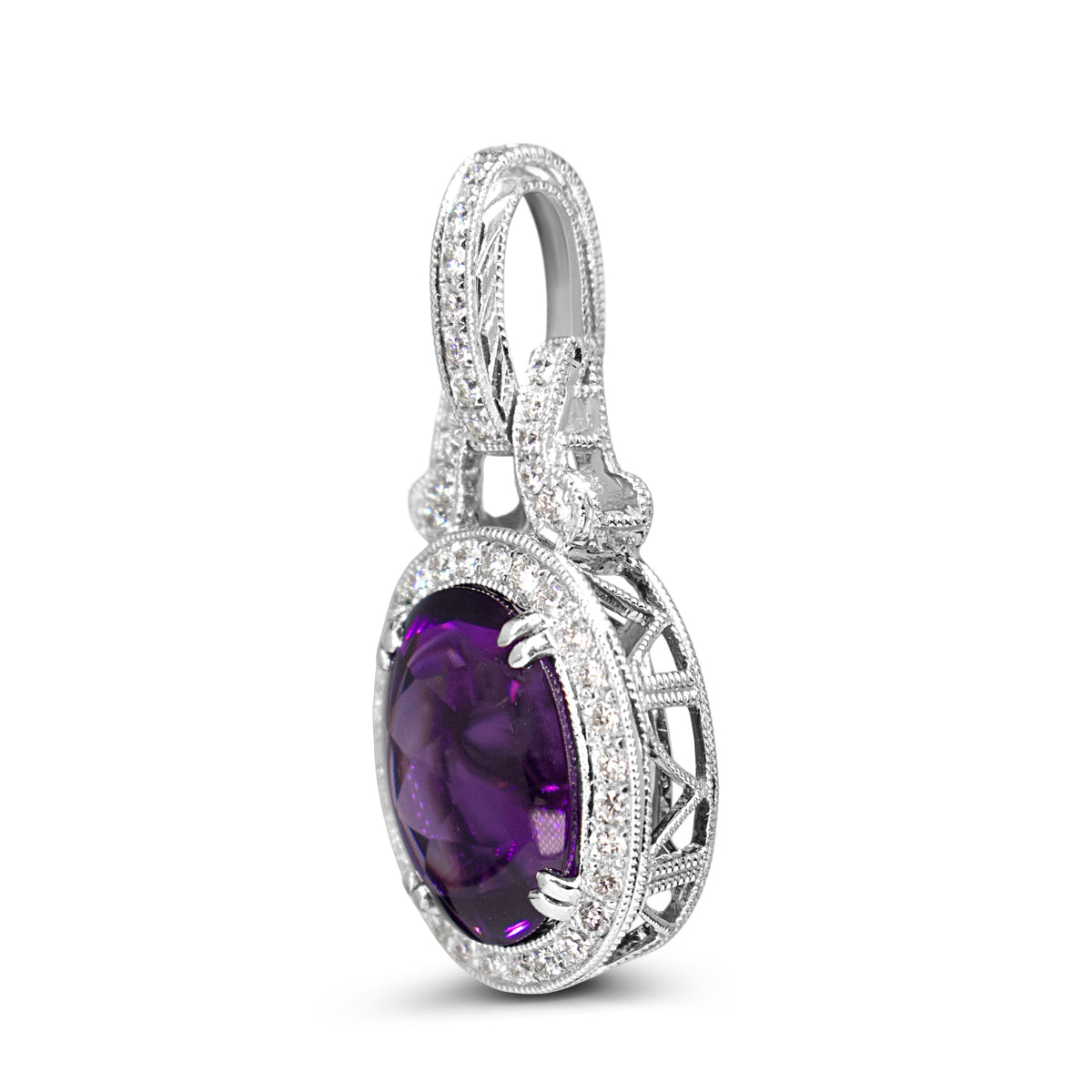 18ct White Gold Cabochon Amethyst and Diamond Halo Pendant