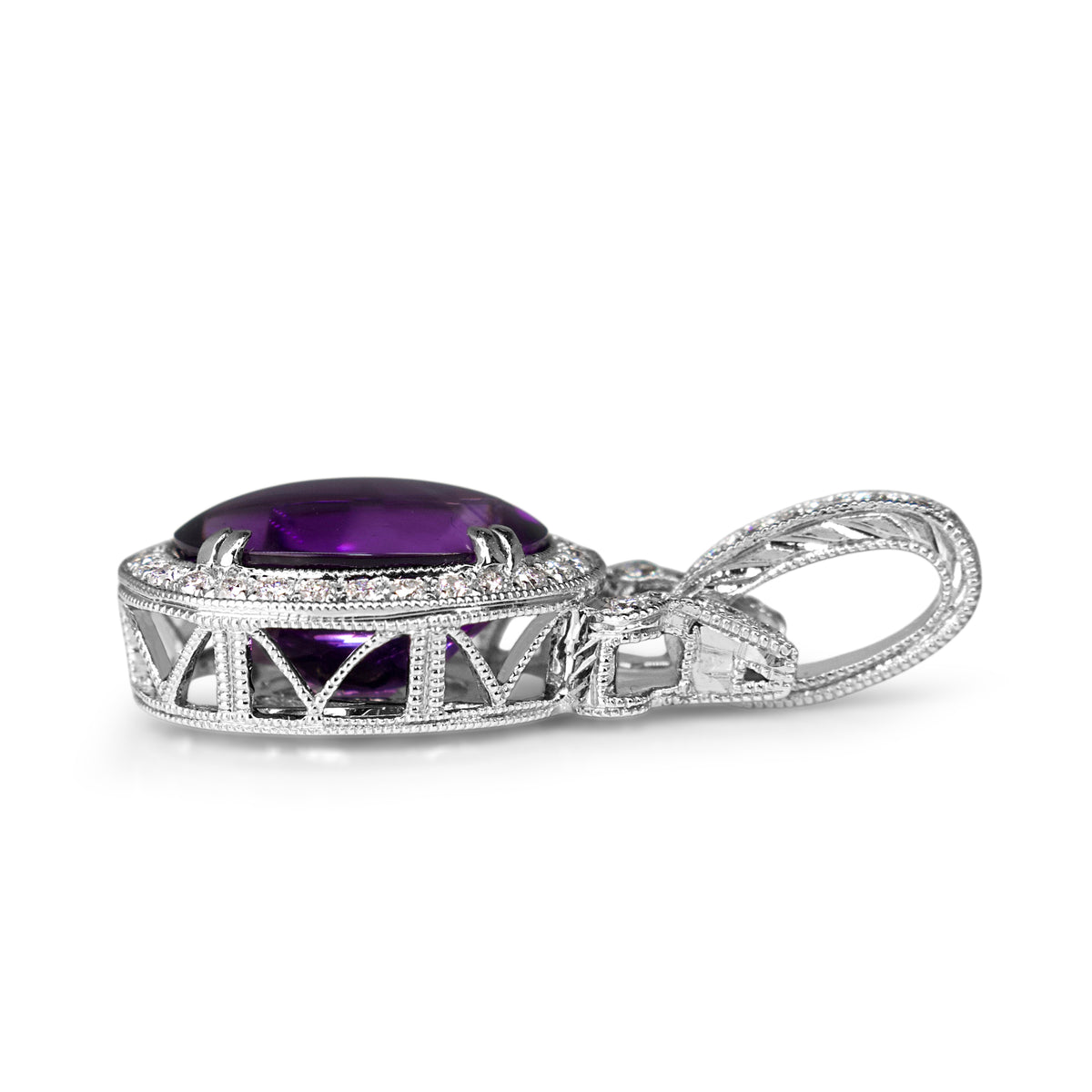 18ct White Gold Cabochon Amethyst and Diamond Halo Pendant