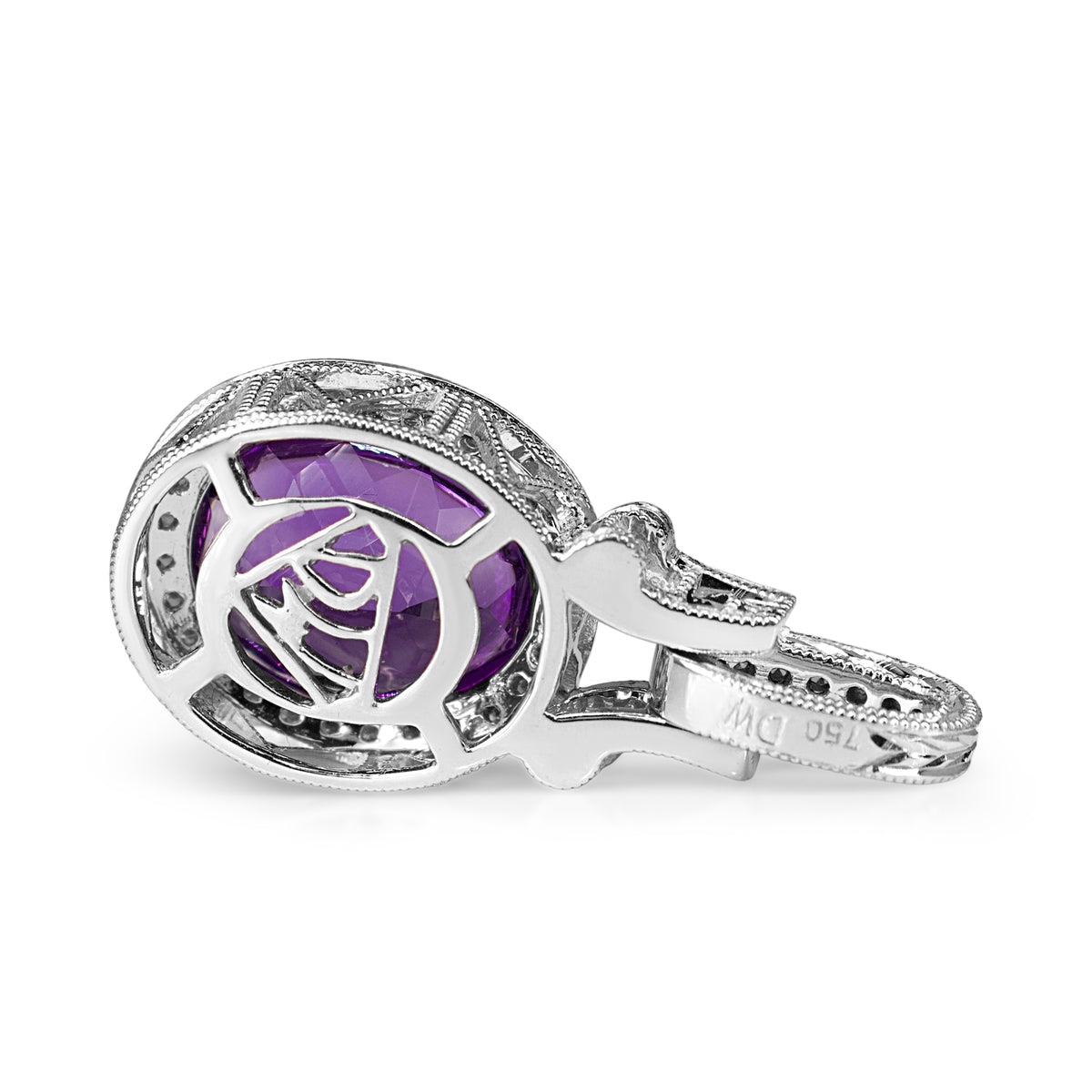 18ct White Gold Cabochon Amethyst and Diamond Halo Pendant