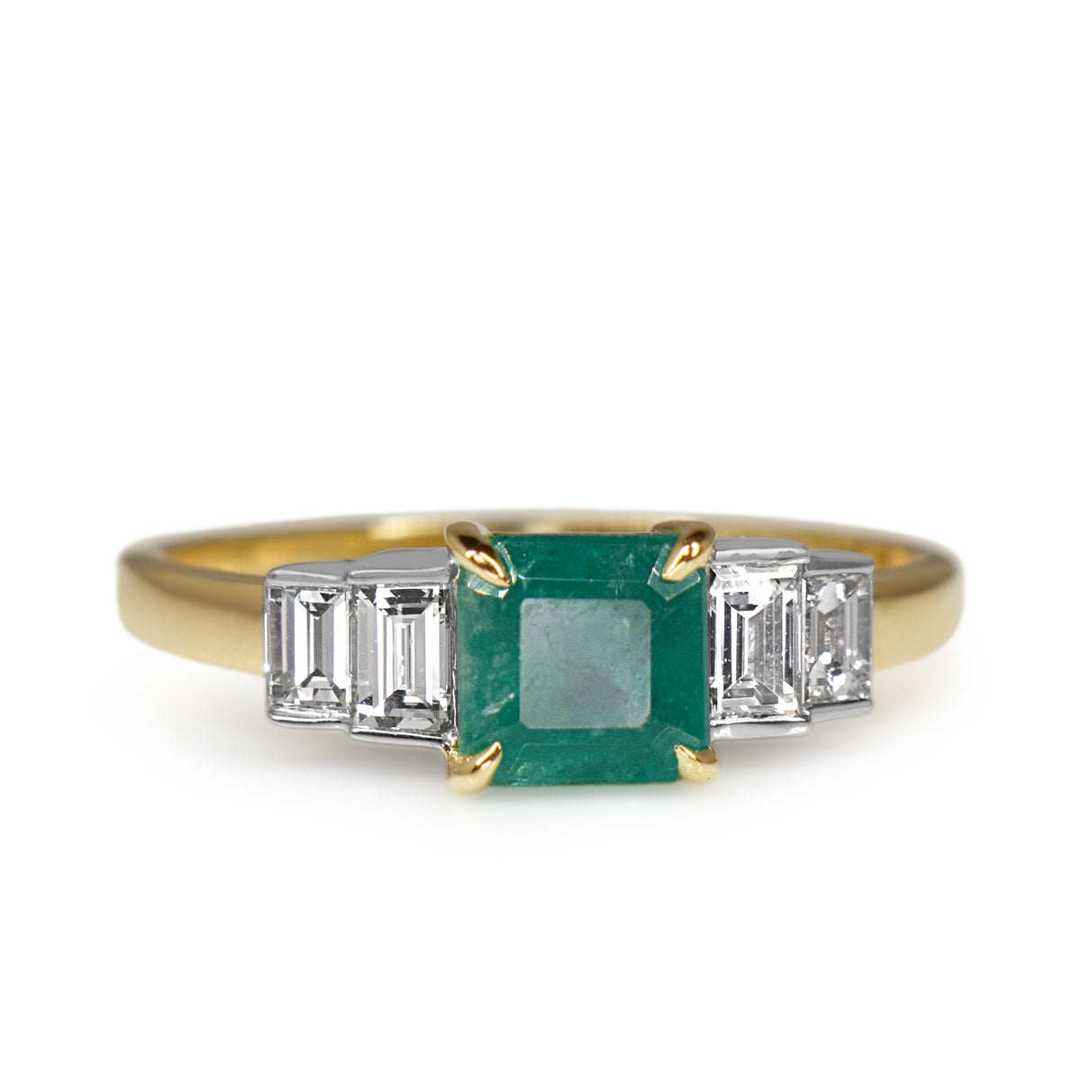 18ct Yellow and White Gold Emerald and Baguette Diamond 5 Stone Ring