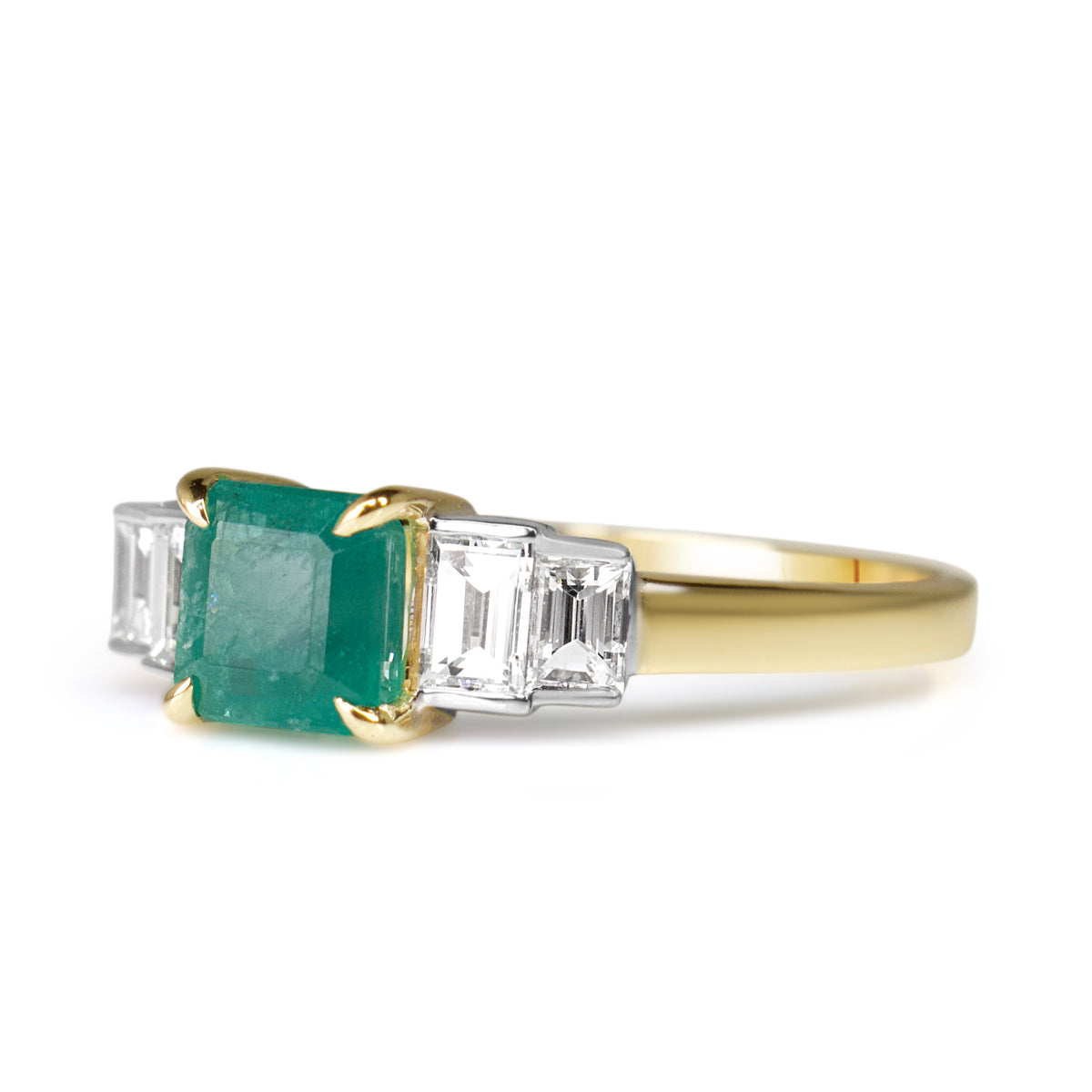 18ct Yellow and White Gold Emerald and Baguette Diamond 5 Stone Ring