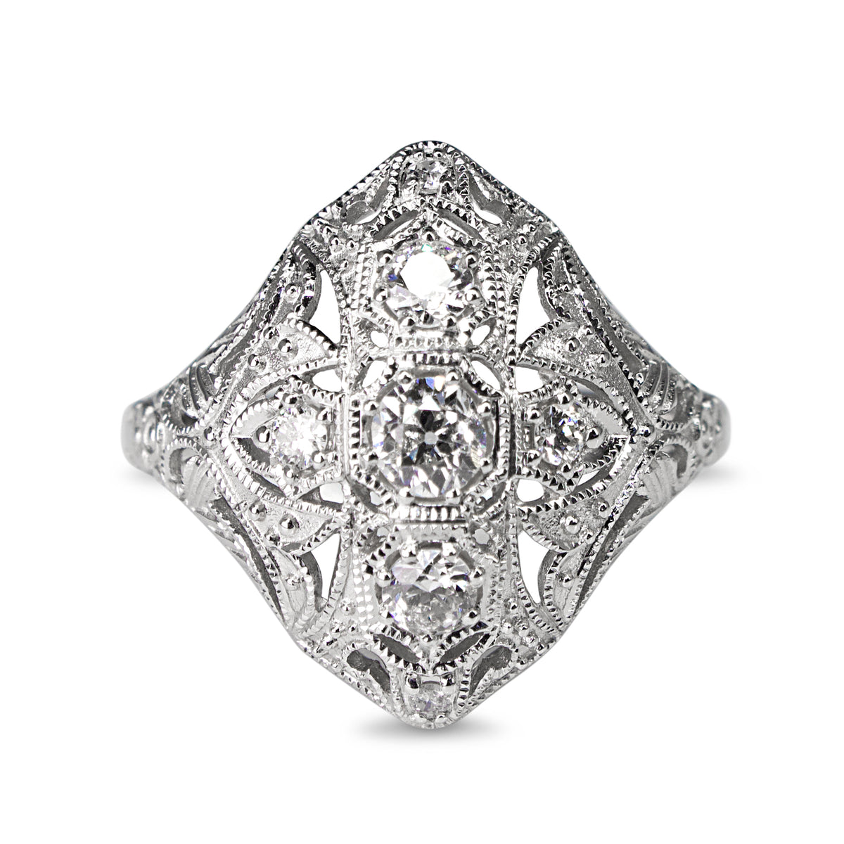 Platinum Old Cut Diamond and Filigree Art Deco Style Ring