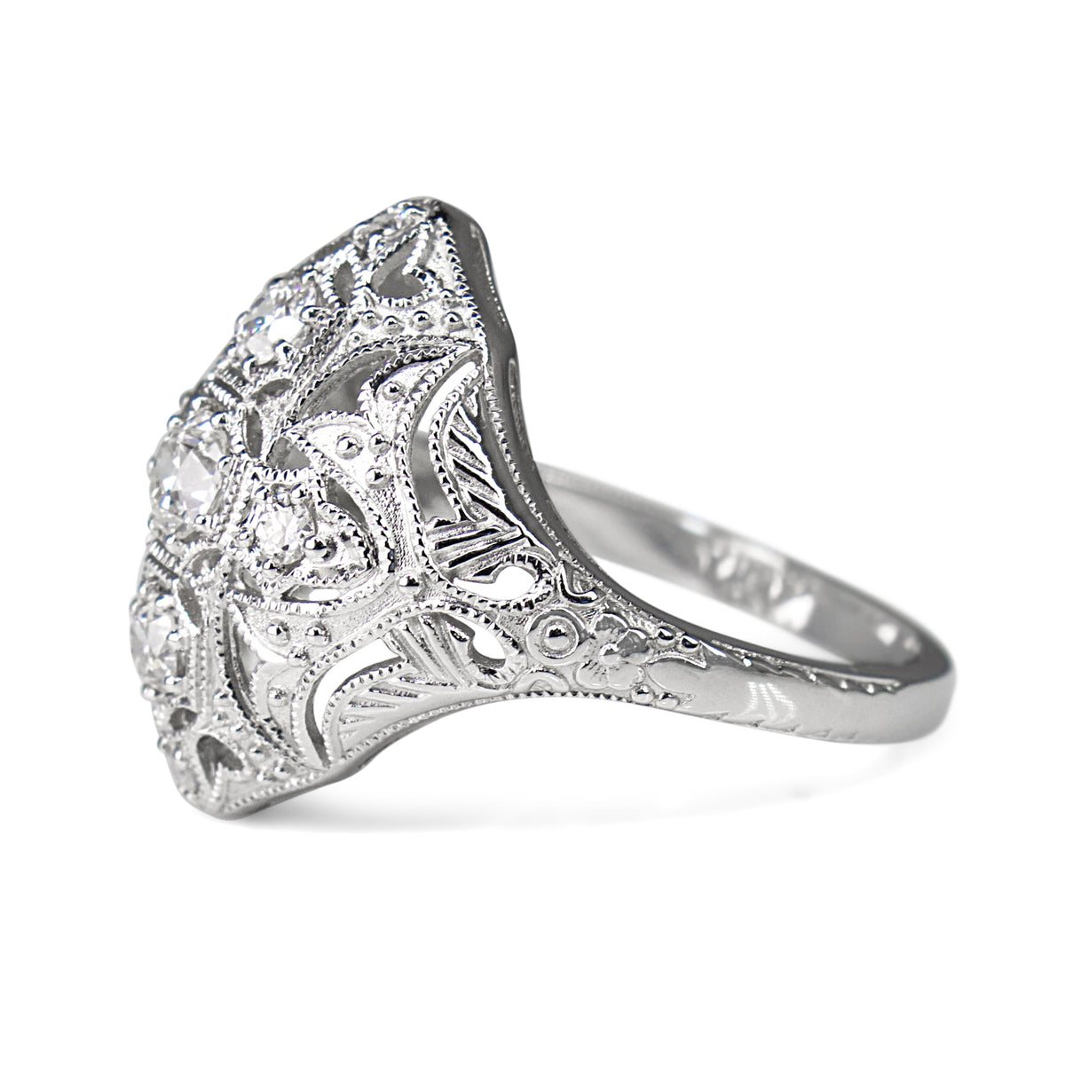 Platinum Old Cut Diamond and Filigree Art Deco Style Ring