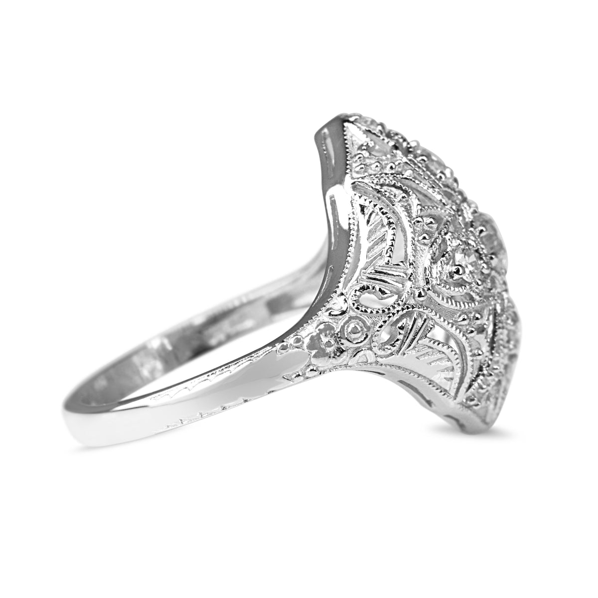 Platinum Old Cut Diamond and Filigree Art Deco Style Ring