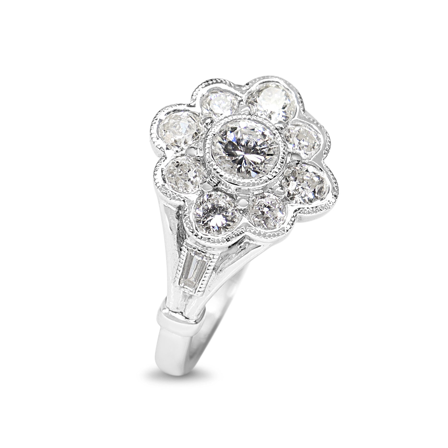 18ct White Gold Old Cut and Brilliant Cut Diamond Daisy Ring