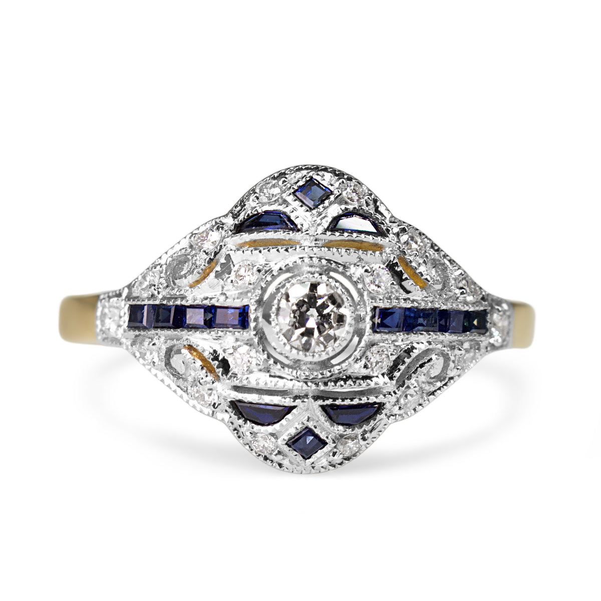 18ct Yellow and White Gold Sapphire and Old Cut Diamond Art Deco Ring