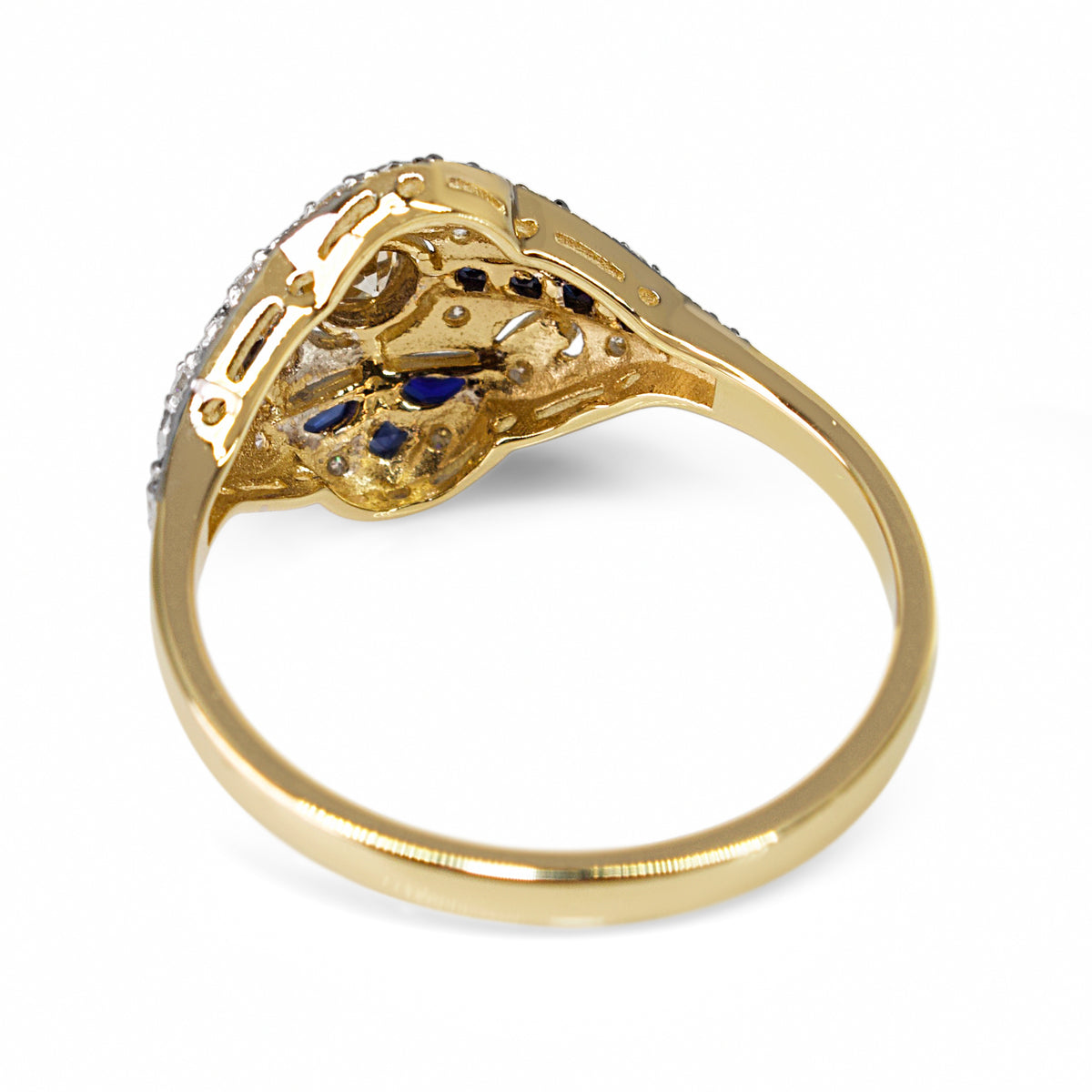 18ct Yellow and White Gold Sapphire and Old Cut Diamond Art Deco Ring