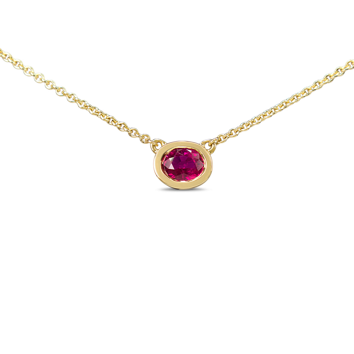 18ct Yellow Gold East West Bezel Set Ruby Solitaire Necklace