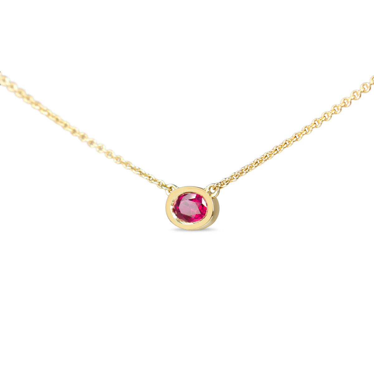 18ct Yellow Gold East West Bezel Set Ruby Solitaire Necklace
