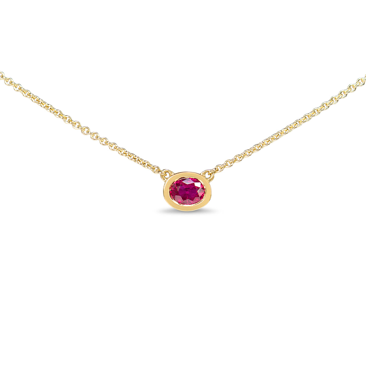 18ct Yellow Gold East West Bezel Set Ruby Solitaire Necklace