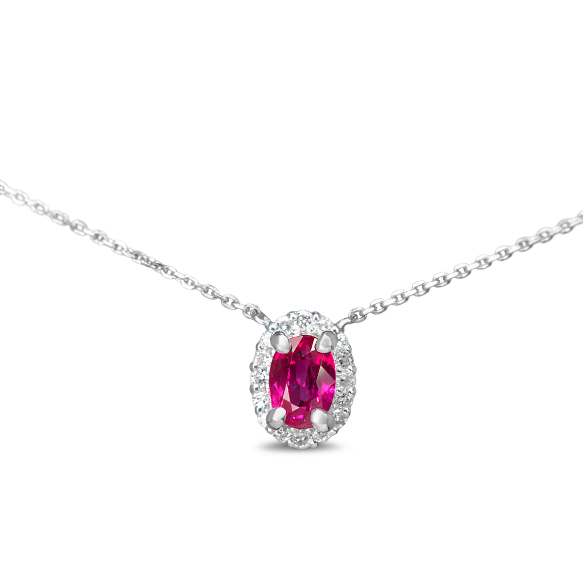 Platinum Ruby and Diamond Halo Necklace