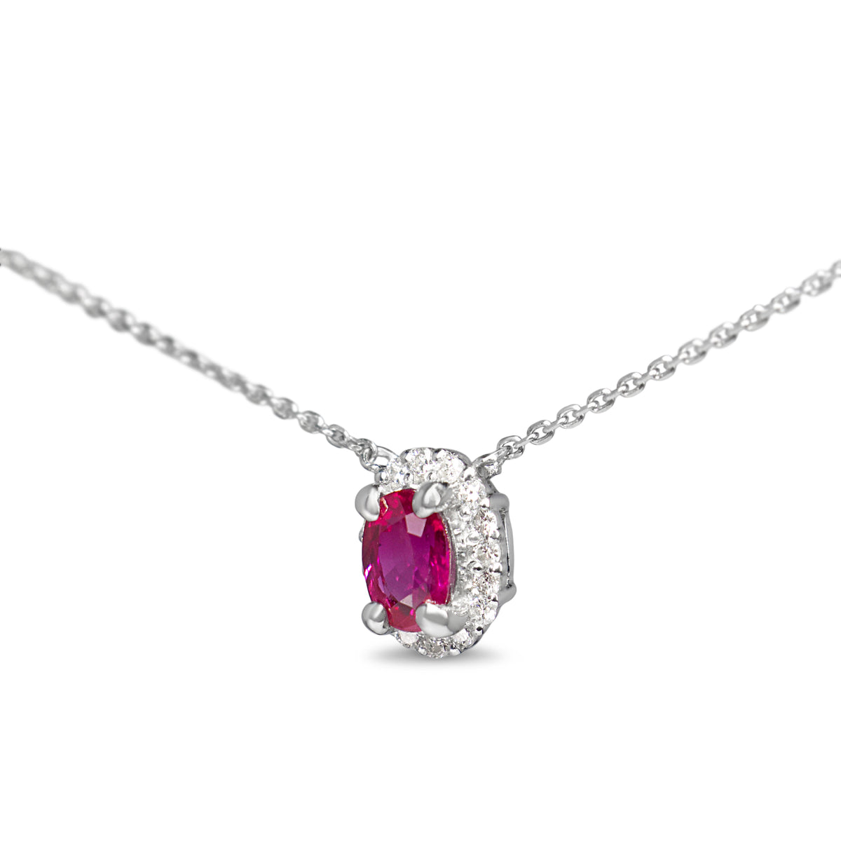 Platinum Ruby and Diamond Halo Necklace