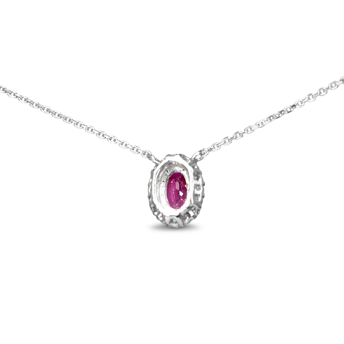 Platinum Ruby and Diamond Halo Necklace