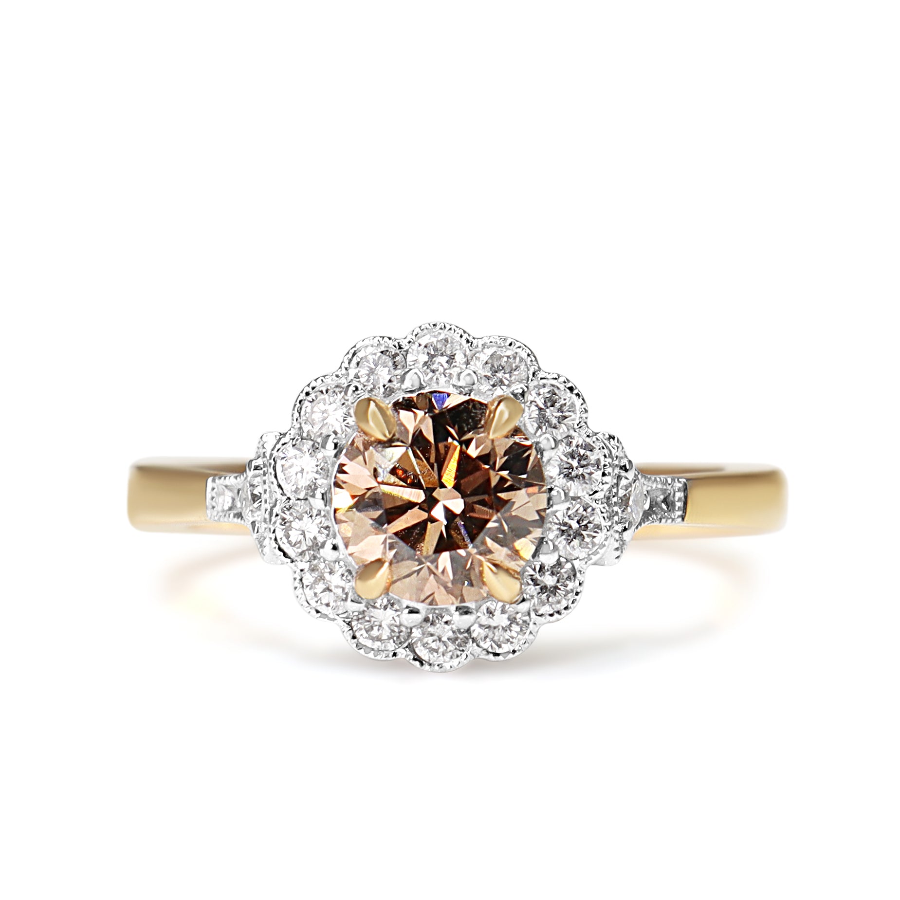 18ct Rose and White Gold Champagne Diamond Daisy Flower Ring