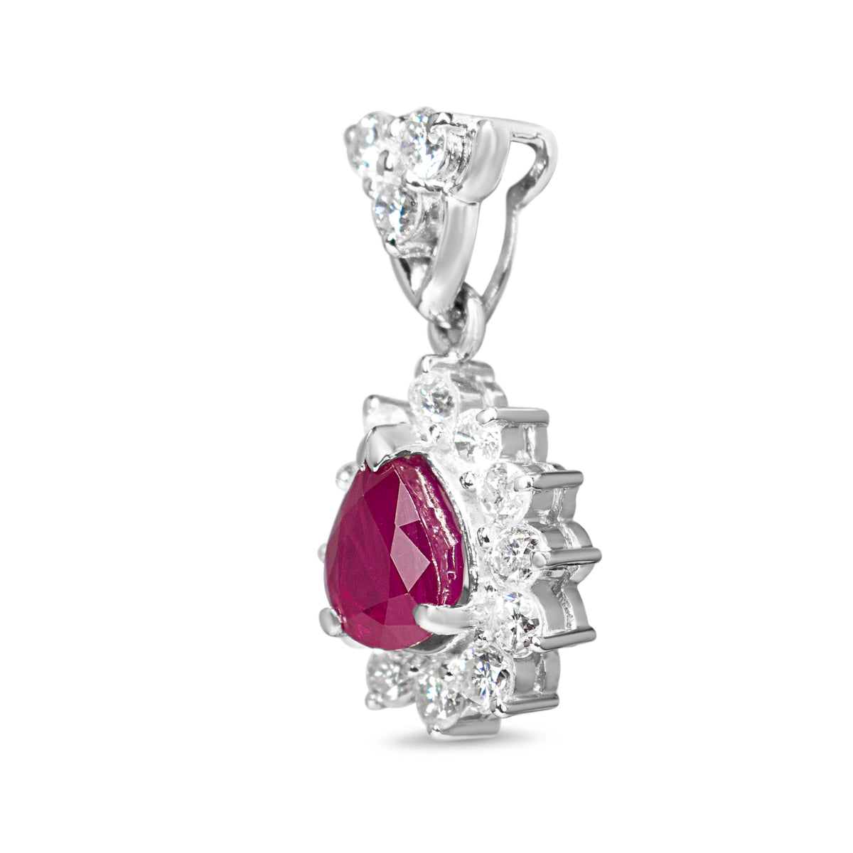 Platinum Pear Shaped Ruby and Diamond Halo Pendant