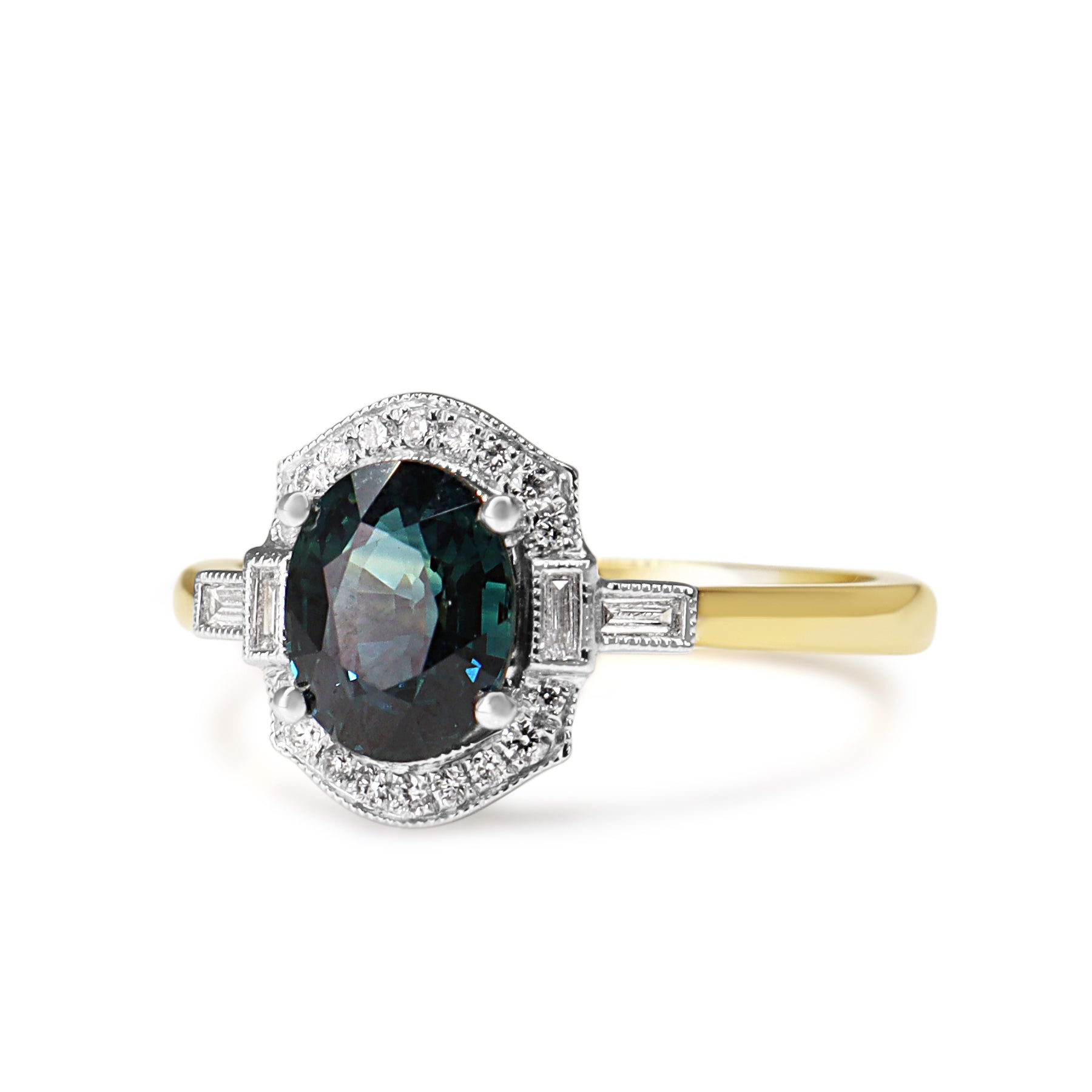 18ct Yellow and White Gold Deco Style Sapphire and Diamond Halo Ring