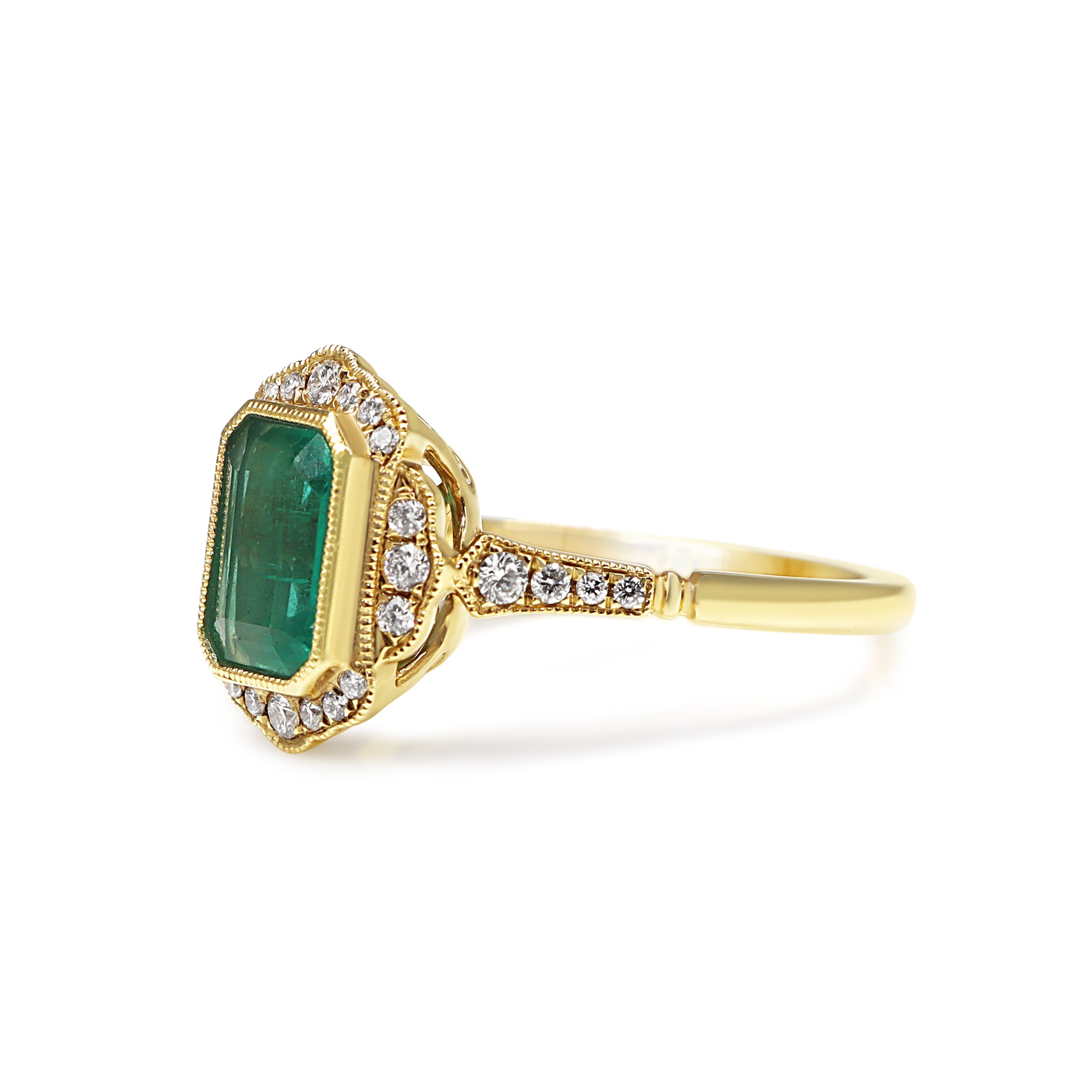 18ct Yellow Gold Emerald and Diamond Halo Ring