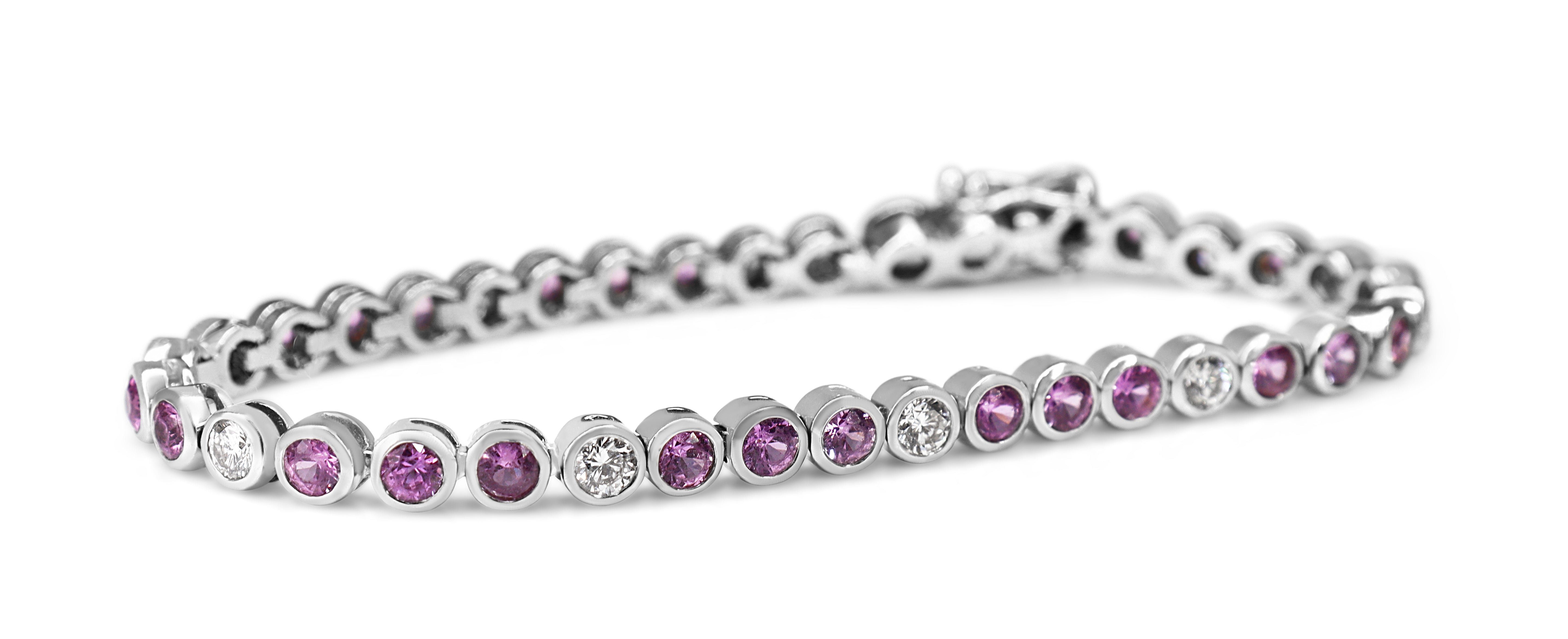 18ct White Gold Pink Sapphire and Diamond Bezel Tennis Bracelet