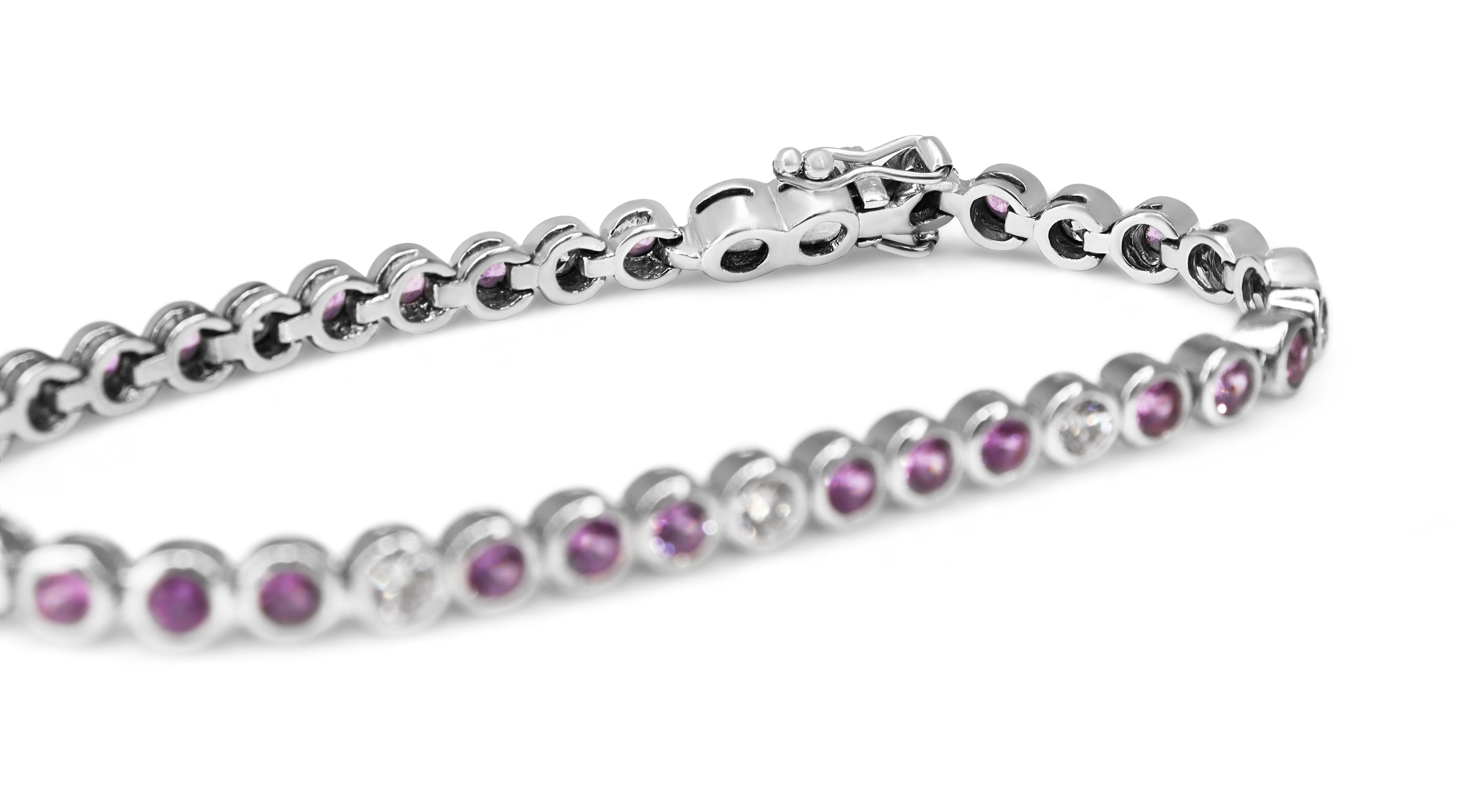18ct White Gold Pink Sapphire and Diamond Bezel Tennis Bracelet