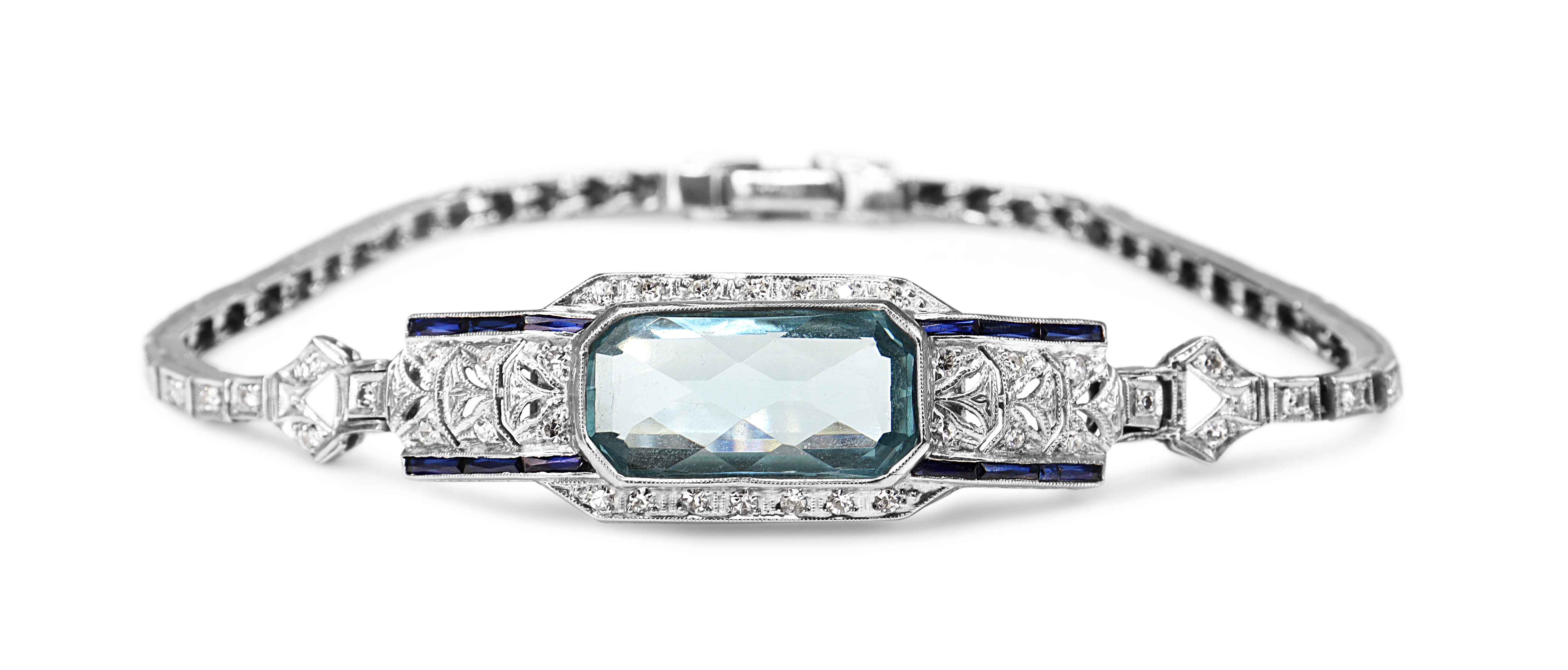 Palladium Art Deco Aquamarine, Sapphire and Single Cut Diamond Bracelet