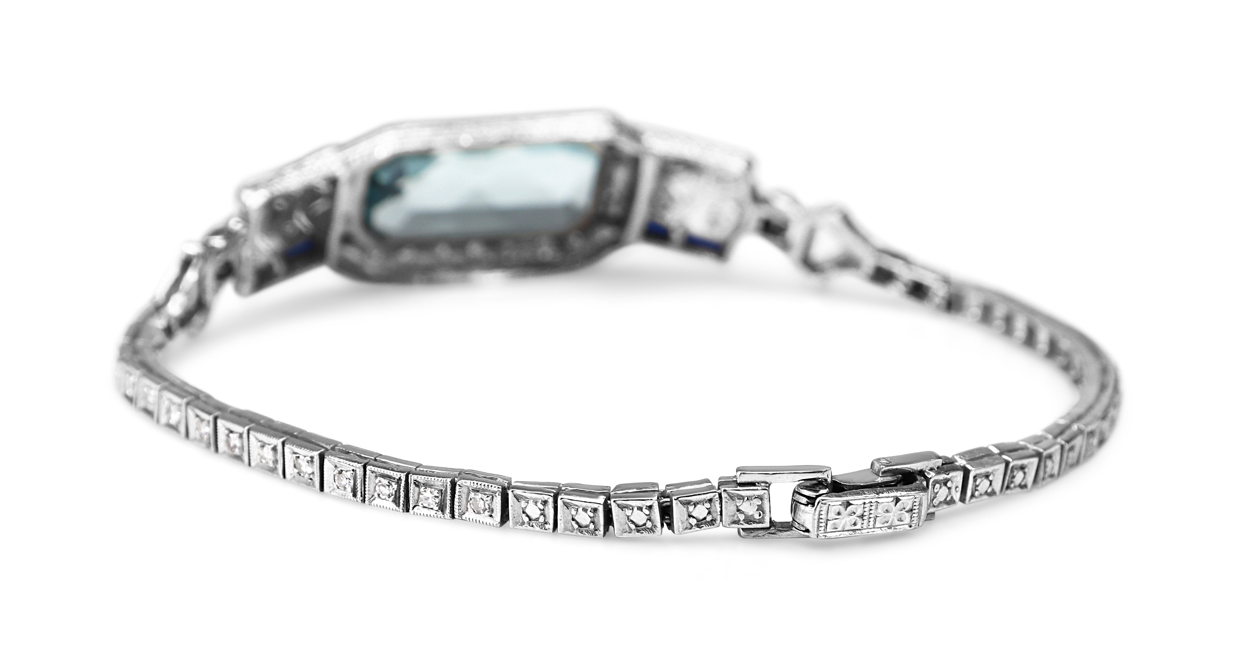 Palladium Art Deco Aquamarine, Sapphire and Single Cut Diamond Bracelet