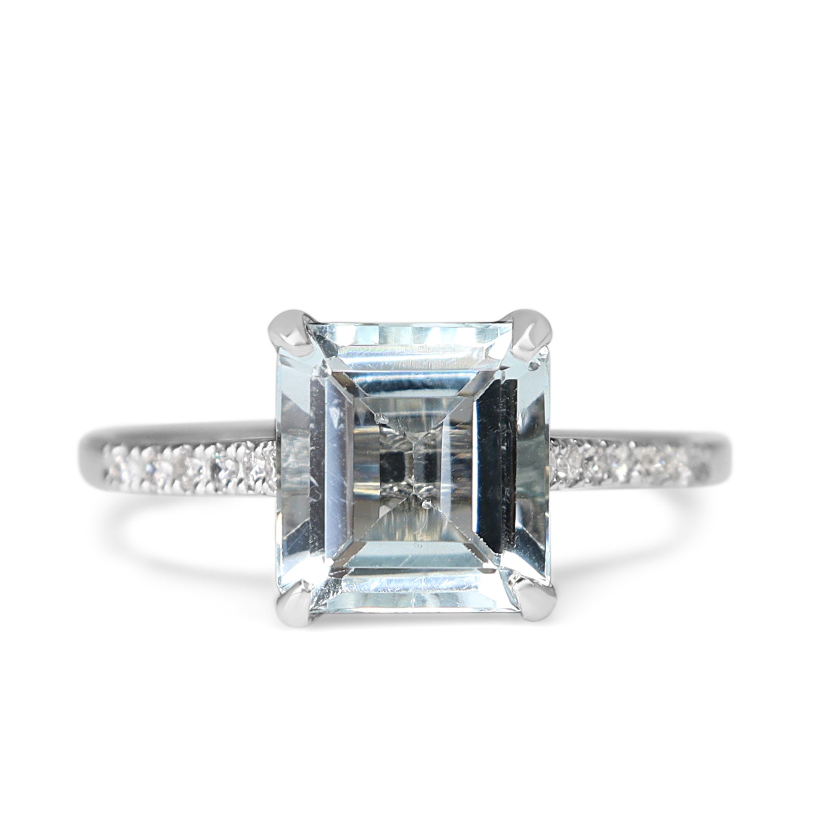 Platinum Square Aquamarine and Diamond Solitaire Ring