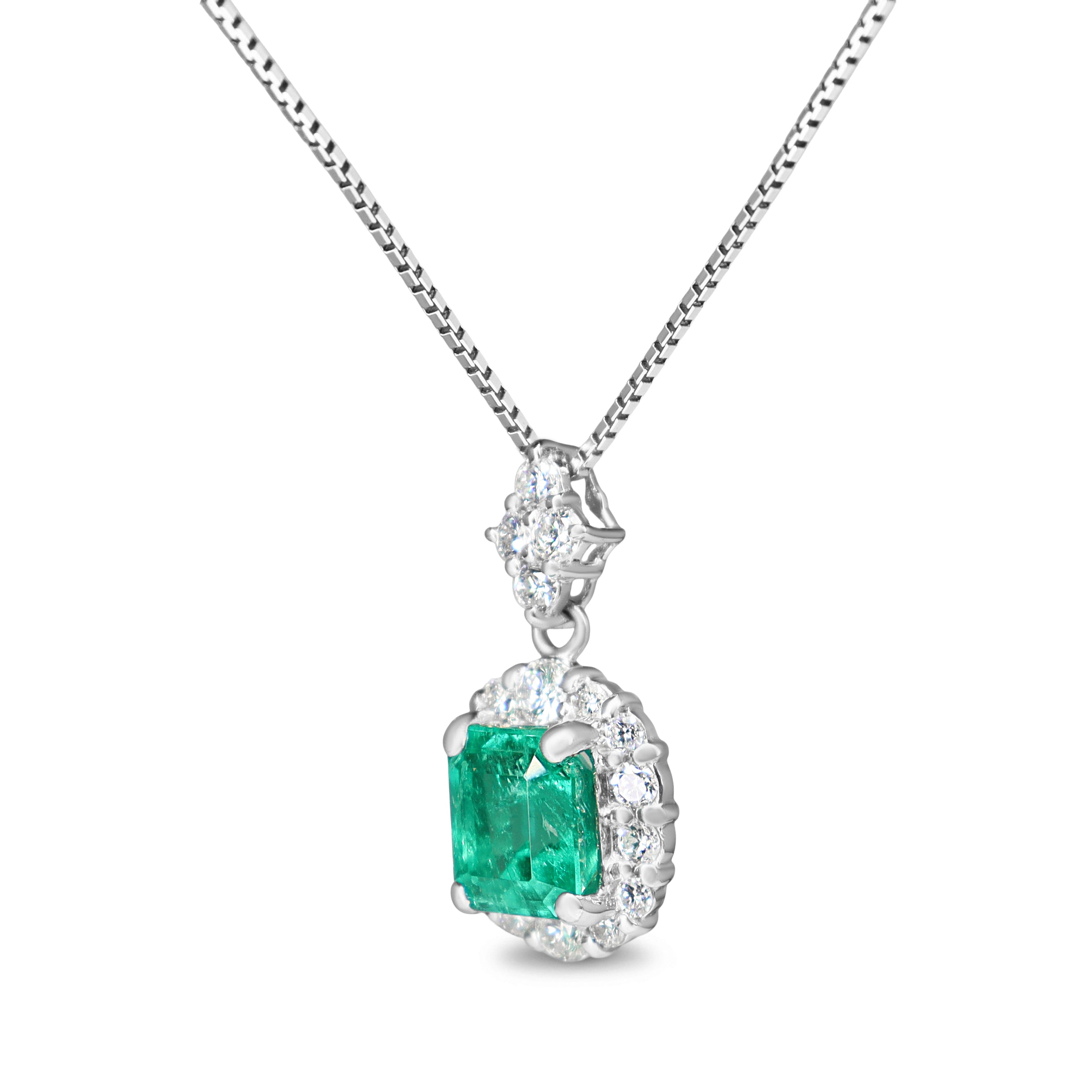 Platinum Emerald and Diamond Halo Necklace