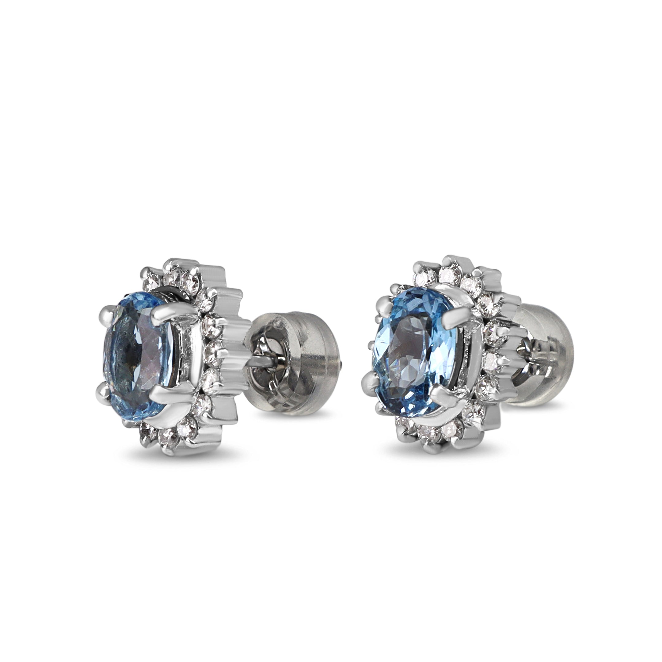 Platinum Aquamarine and Dimaond Halo Stud Earrings