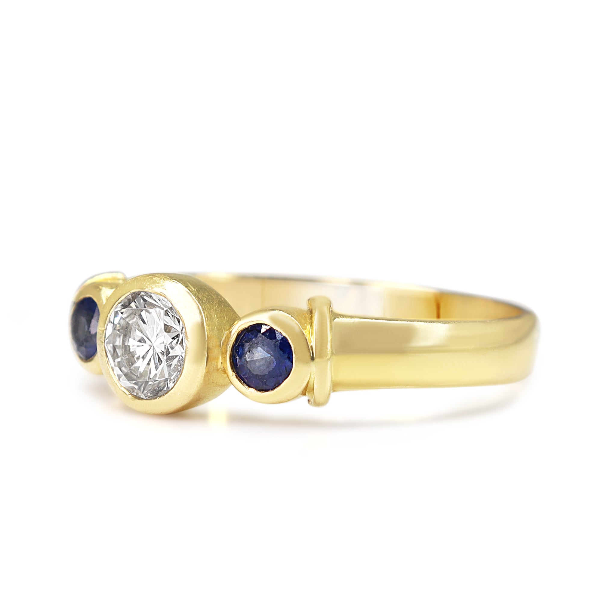 18ct Yellow Gold Sapphire and Diamond Bezel 3 Stone Ring