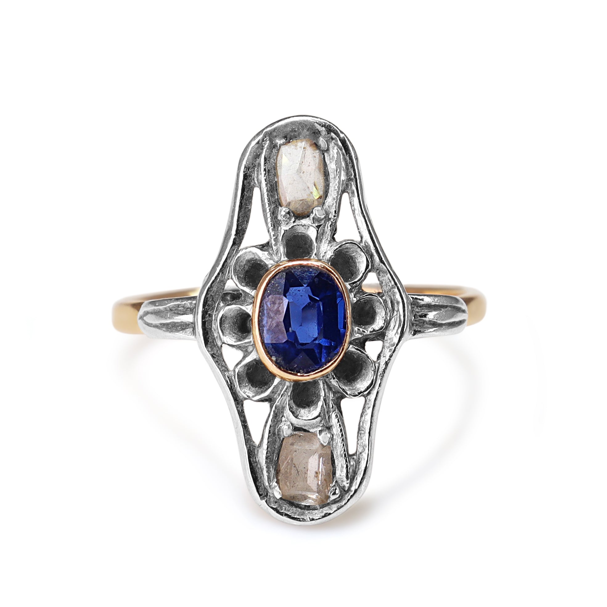 18ct Yellow and White Gold Antique Sapphire and Rose Cut Diamond Ring