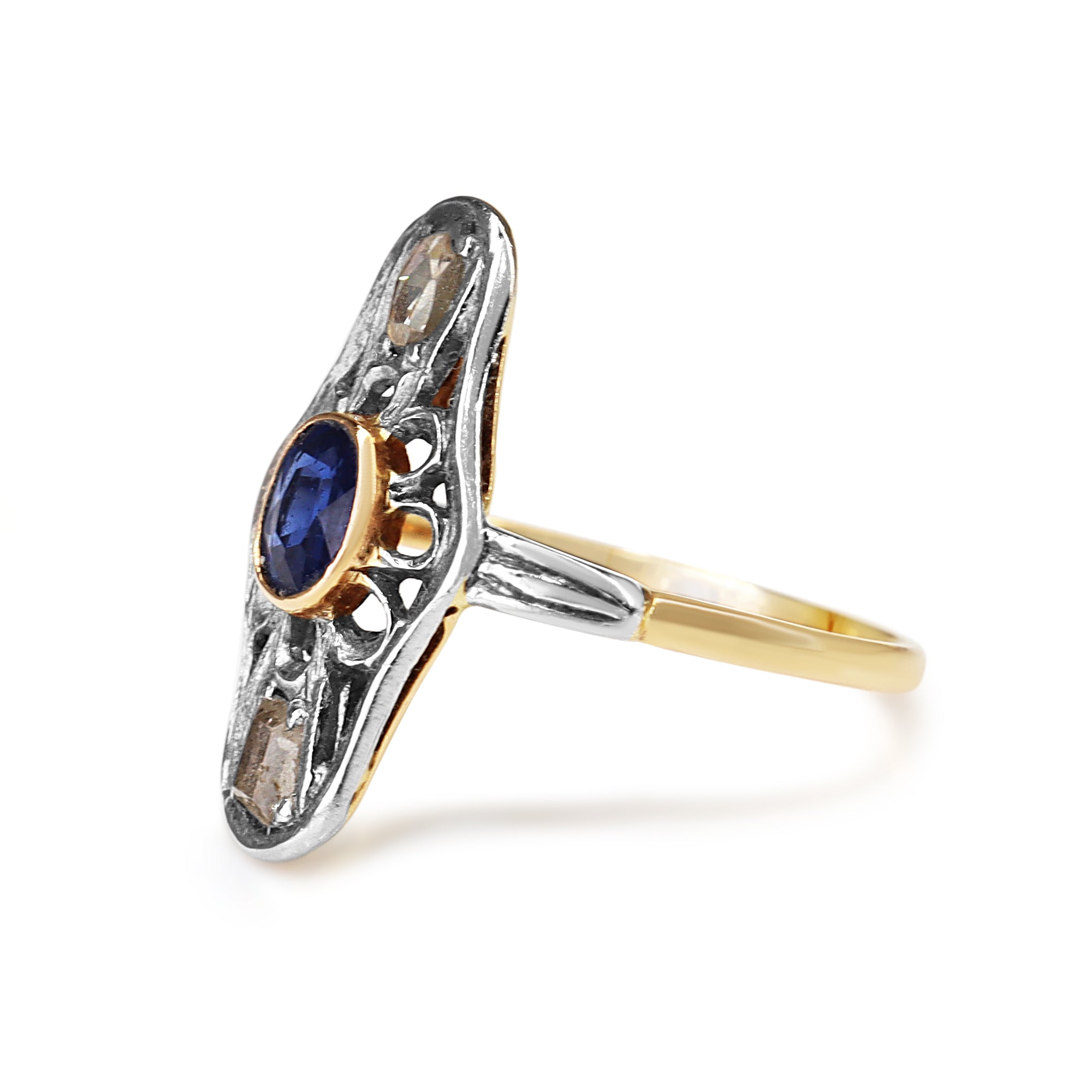 18ct Yellow and White Gold Antique Sapphire and Rose Cut Diamond Ring